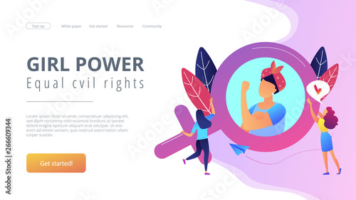 A woman image in female gender sign showing biceps as a concept of feminism, girl power, movement, female equality, equal social and civil rights. Violet palette. Website landing web page template.