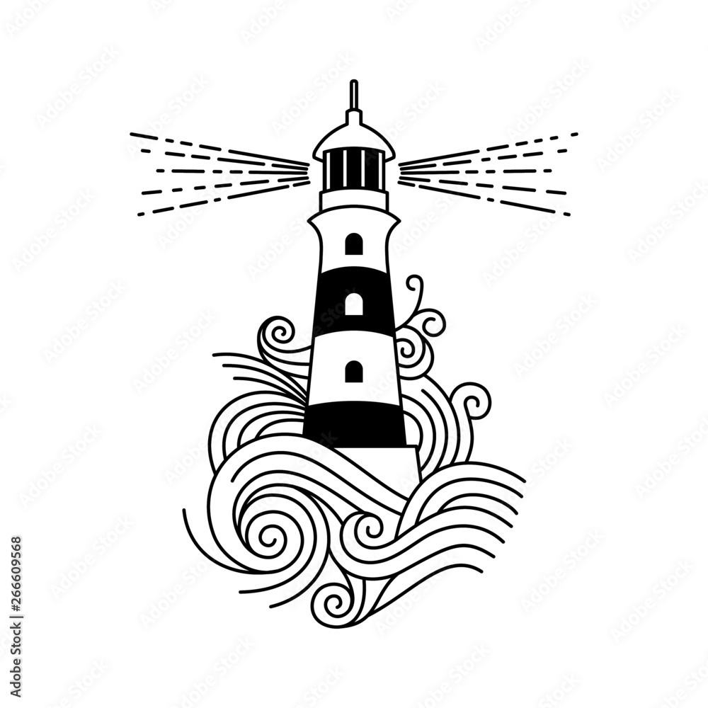 Red and white lighthouse among the waves of the sea. Vector image of a lighthouse.