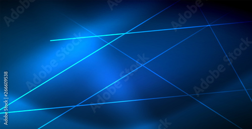 Neon glowing techno lines, blue hi-tech futuristic abstract background template with lights