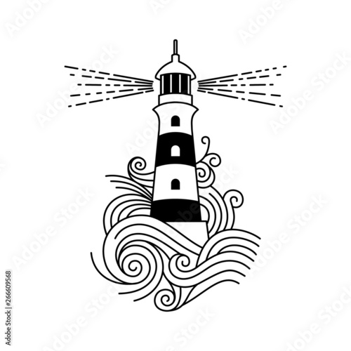 Red and white lighthouse among the waves of the sea. Vector image of a lighthouse.