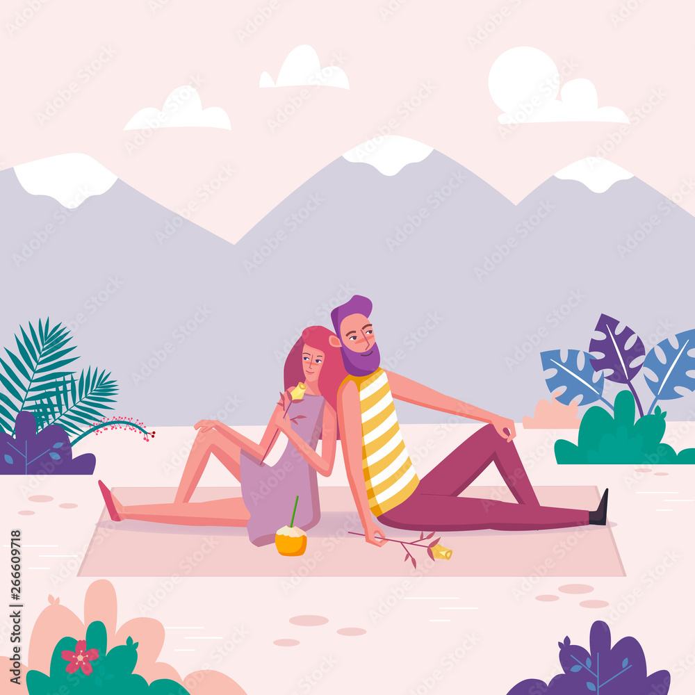 Fototapeta premium Couple in love on a picnic in the park. Lovely young girl and man holding flower. Design for romantic card illustration.