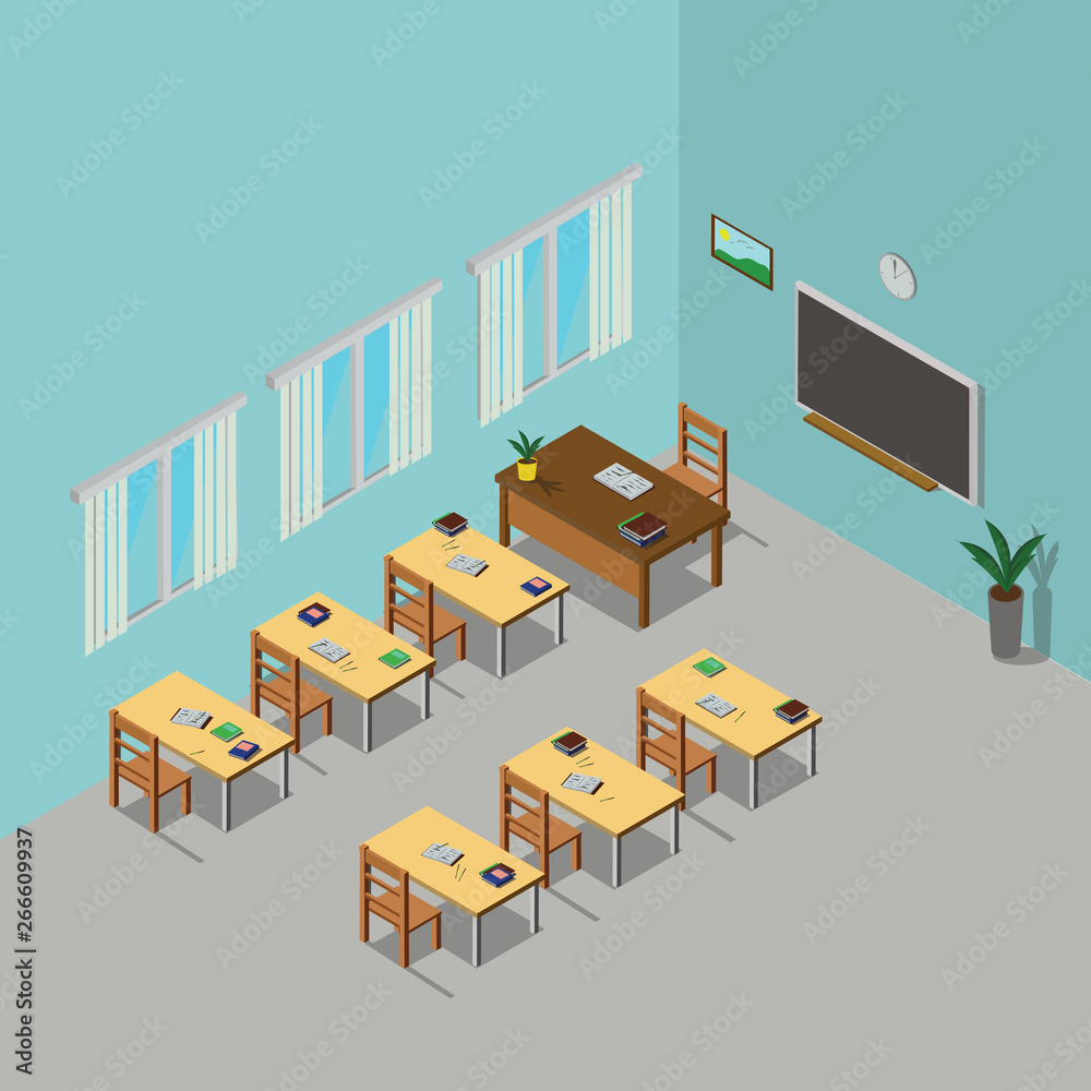 Isometric 3D vector illustration Interior class in school with students ...