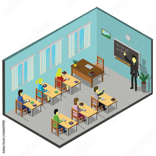 Isometric 3D vector illustration Interior class in school with students 