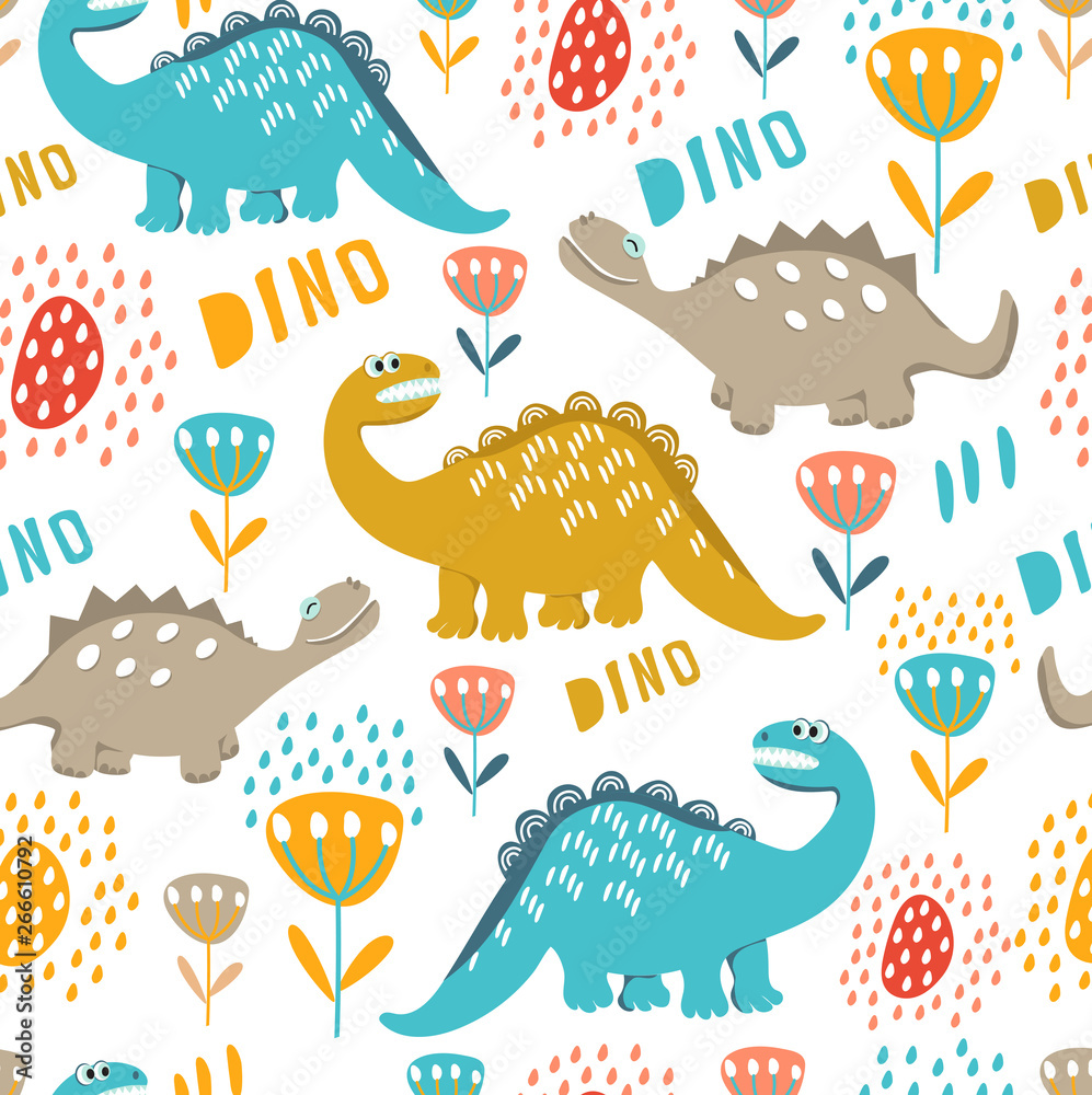 Seamless patterns of colored dinosaurs. Dinosaurs are walking on the meadow with flowers. For the design of children's clothes, fabrics, cards and books, for comics Seamless patterns of colored dinosaurs. Dinosaurs are walking on the meadow with flowers. For the design of children's clothes, fabrics, cards and books, for comics
