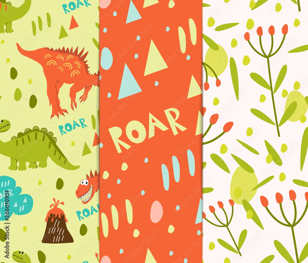 Set of seamless patterns. Orange and green dinosaurs and a volcano. To create a collection of children's clothing, bed linen, fabrics. Style of comics and cartoons