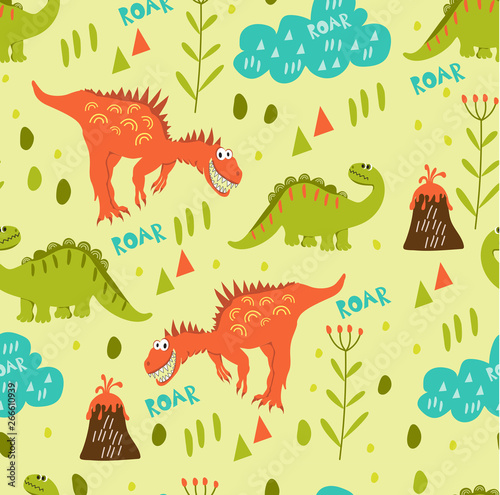 Fototapeta Naklejka Na Ścianę i Meble -  Seamless dinosaur pattern. Green and orange dinosaur walk in a clearing near the volcanoes. For registration of children's clothes, fabrics, cards, books. Style of comics and cartoons