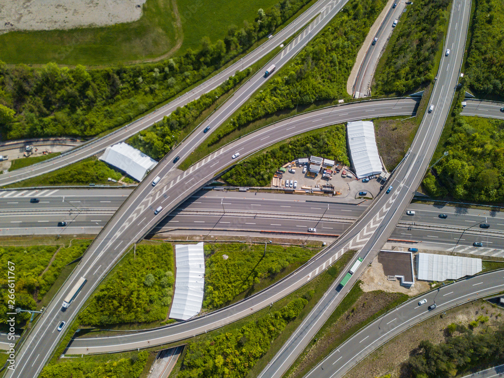 Aerial view of large highway intersection in Switzerland
