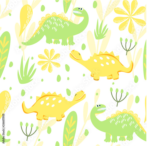 Set of seamless dinosaur patterns and Botanical illustration. Lemon and lime. Dinosaurs walking in a meadow with flowers. For the design of children s clothes  fabrics  cards and books  for comics