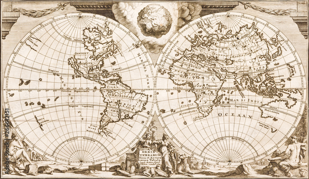 Antique world map of the 18th century, old paper