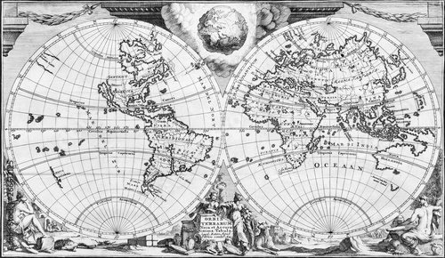 Antique world map of the 18th century, in black and white