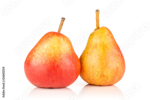 Group of two whole ripe fresh red pear isolated on white background