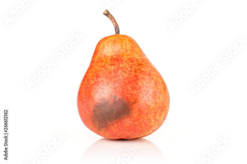 One whole fresh red pear with a spot isolated on white background