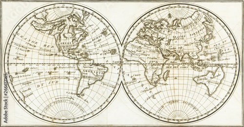 Antique world map of the 19th century and the old type photo