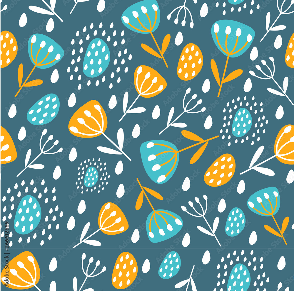 Seamless pattern with leaves and flowers. Botanical illustration. Tropical background with exotic plants. Fabric design, Wallpaper, textiles, books, printing, magazine