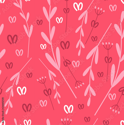 Seamless pattern of branches and leaves of plants. Botanical illustration with pink background. Design for fabric, for Wallpaper, textiles, books, printing, magazine