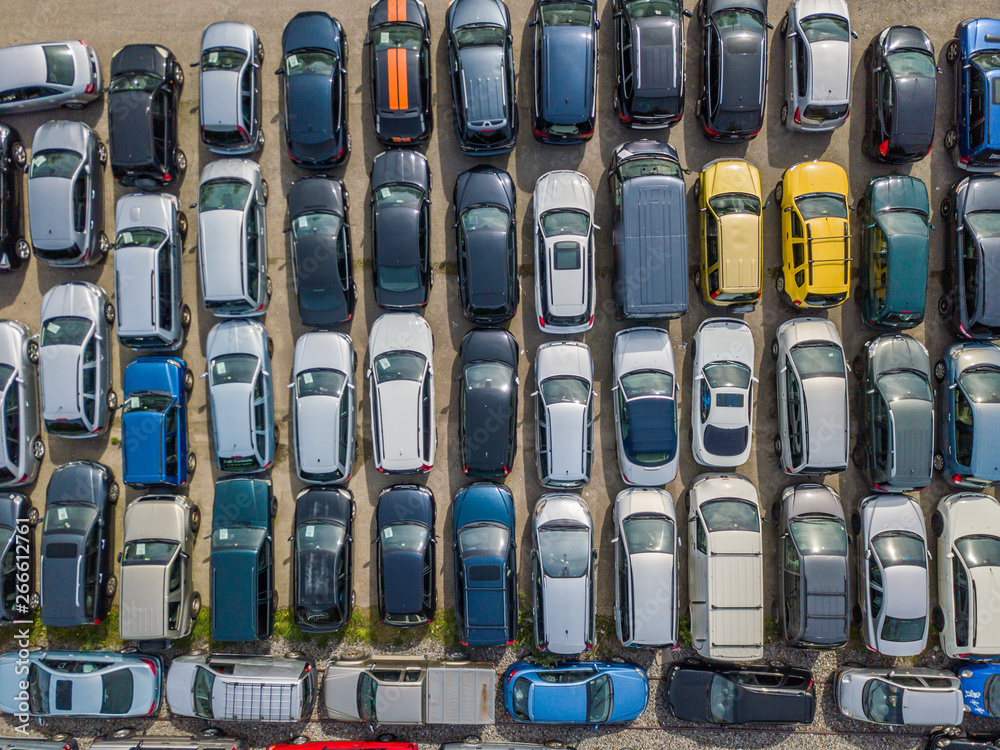 Aerial view of large car parking of car dealer. Secondhand cars. Aerial view of large car parking of car dealer. Secondhand cars.