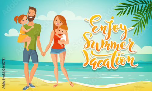 Vector design with happy family and enjoy summer vacation lettering