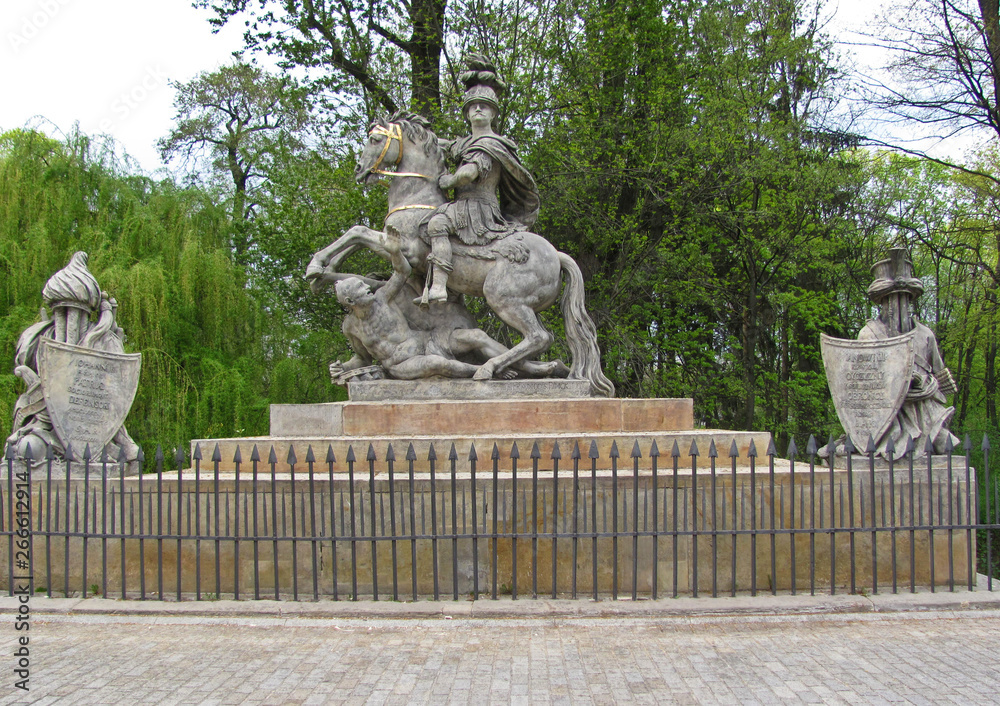 The Jan Sobieski statue in Lazienki Park. Monument of Sobieski in Warsaw. Poland.