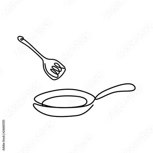 Kitchen stuff of frying pan one line continuous drawing minimalist design on white background