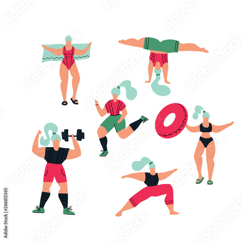 Workout in the gym and park on white background. Women doing sports. Poses of yoga, exercises for healthy lifestyle, swimming in pool. Cute girls vector flat illustration. Fitness for every woman.