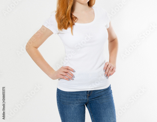 girl in white t-shirt isolated. Pretty smile red head woman in tshirt mock up, blank.