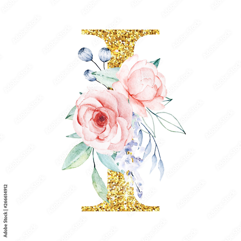 Floral alphabet, letter U with watercolor flowers and leaf. Monogram  initials perfectly for wedding invitations, greeting card, logo, poster and  other design. Holiday design hand painting. Stock Illustration
