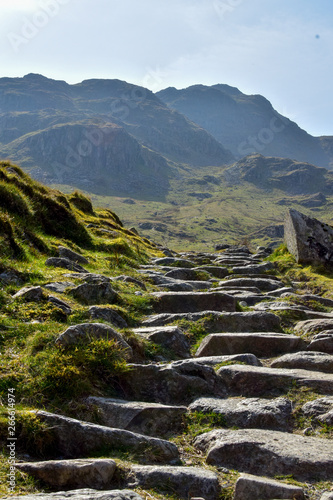 View of natural stone stairway leading up the hills in Grisedale pike, Lake District, England, UK -Image