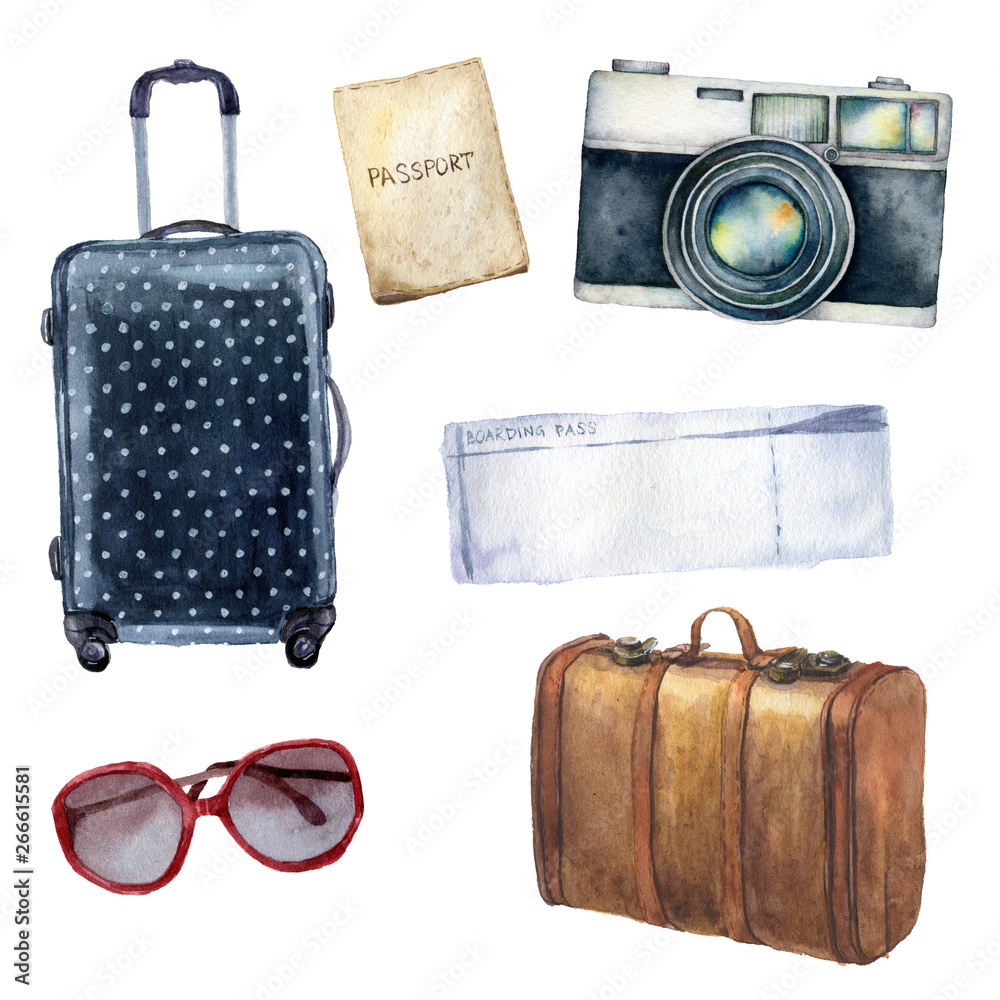 Watercolor travel set. Hand painted tourist objects set including passport, ticket, leather vintage suitcase, polka dot baggage, camera and sunglasses isolated on white background for design, print. - obrazy, fototapety, plakaty 