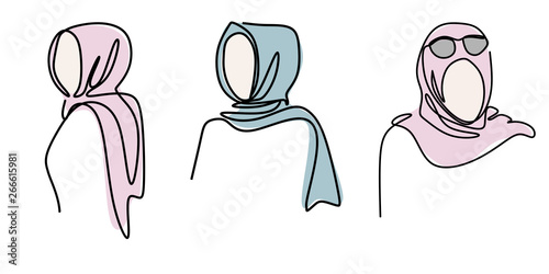 Continuous one line drawing hijab fashion of girl minimalist design isolated on white background. Trendy minimalism style.