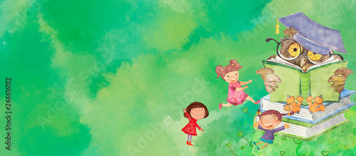 Children with owl. Watercol...