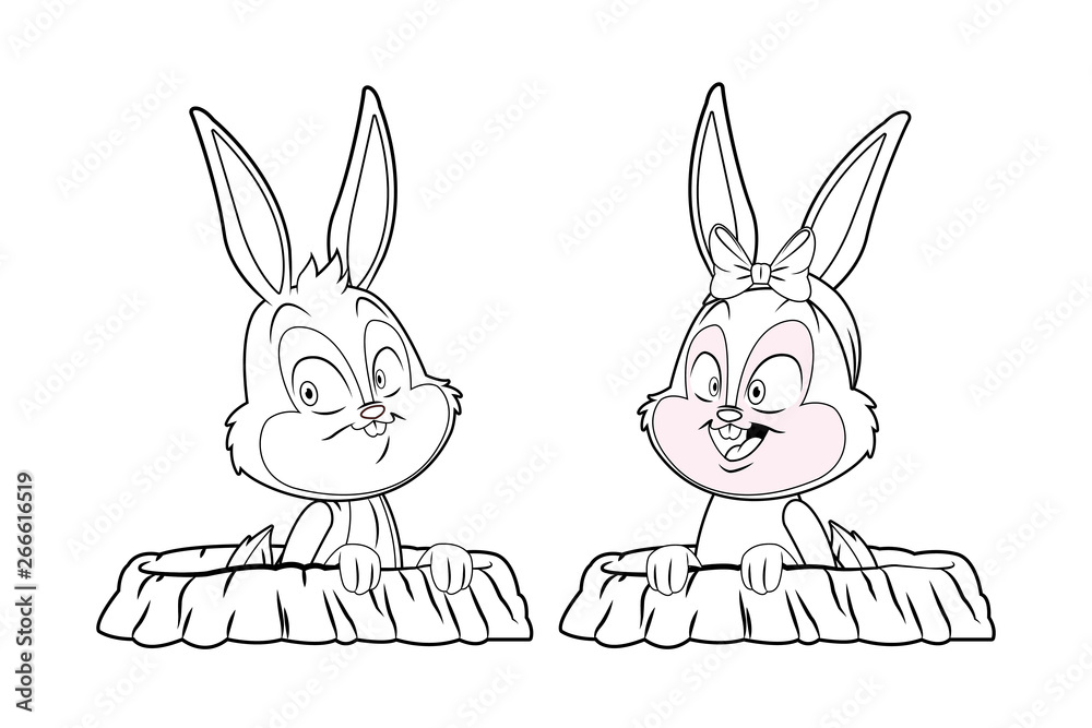 Cute easter bunny happy friends rabbit hole black and white Cute easter bunny happy friends rabbit hole black and white