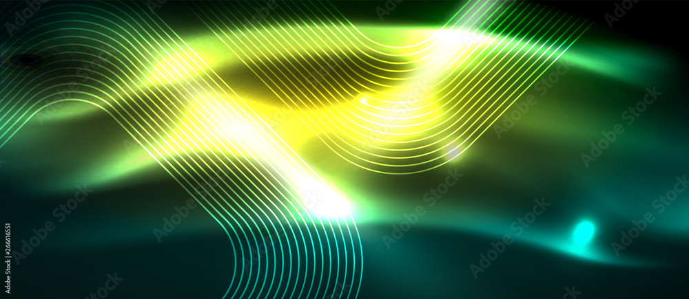 Dark background with neon glowing elements, shiny motion concept