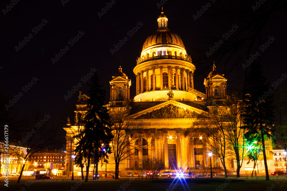 St. Isaac's Cathedral with night lighting in St. Petersburg in Russia