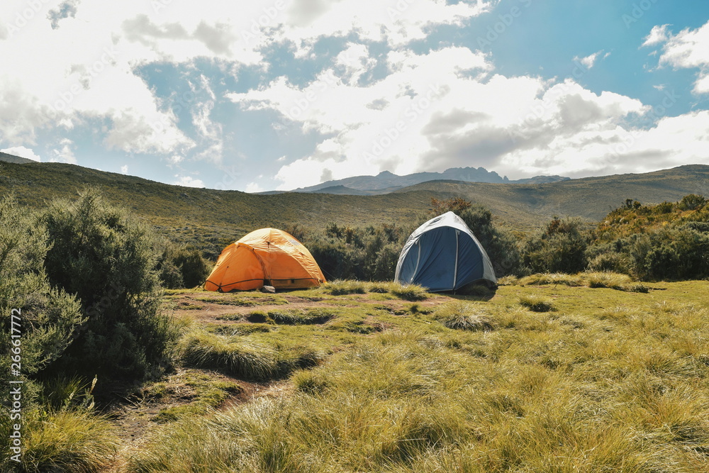 Campsite against a mountain background, Chogoria Route, Mount Kenya, Kenya