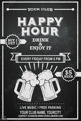 Beer Happy hour flyer design on chalkboard. Beautiful greeting card poster with beer mug and lettering. Hand drawn, design elements. It can be useful whether it is a specific show, club event.