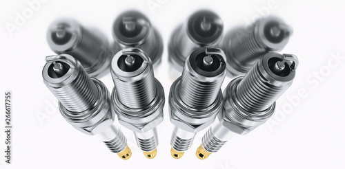Spare parts spark plugs on white background for car and motorcycle. New auto parts spark plug. 3D rendering