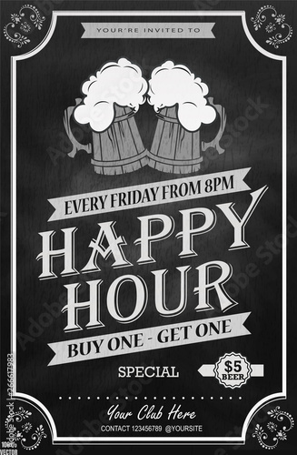 Beer Happy hour flyer design on chalkboard. It can be useful whether it is a specific show, club event, or special attraction