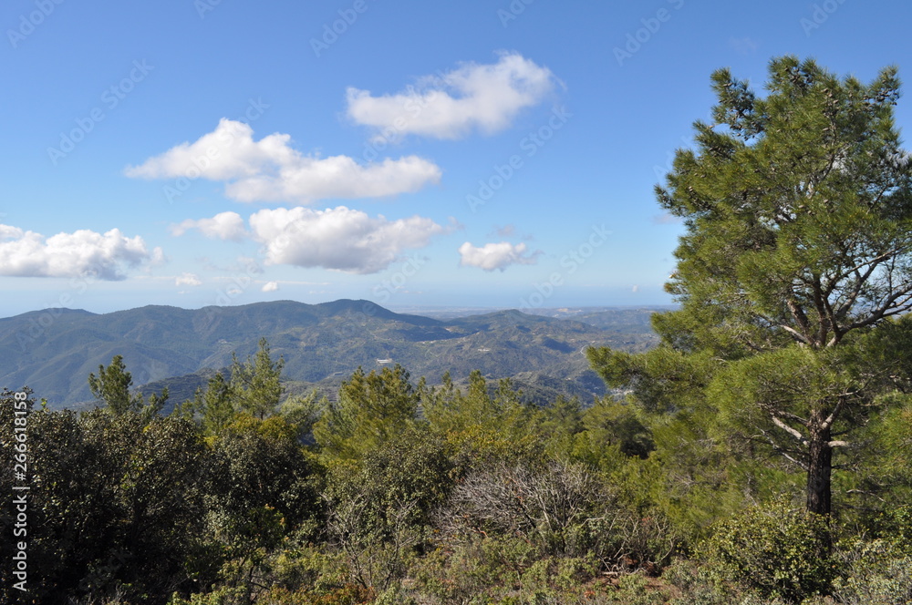 The beautiful natural mountain landscape in the Cyprus massif in the background at sunset