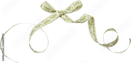 ribbon curl with green pattern isolated on white background. Green ribbon bow and curl isolated on white background