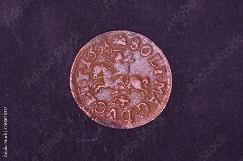 Ancient Grand Duchy of Lithuania coin shilling isolated on the black background