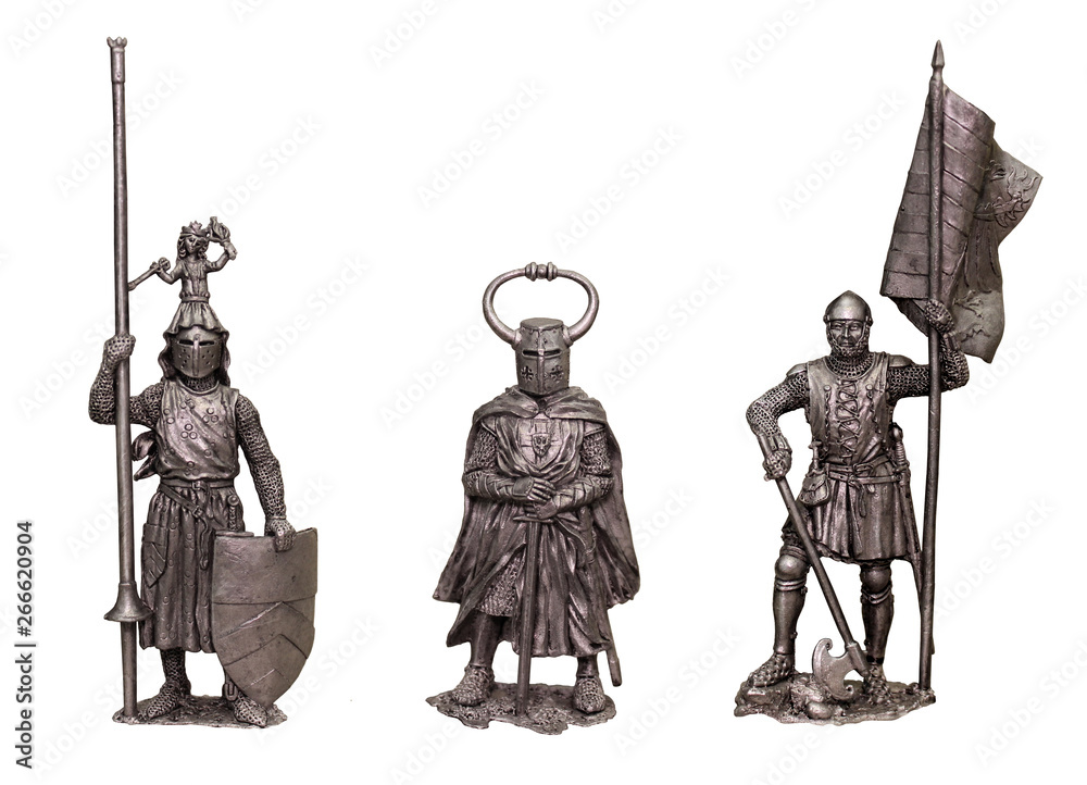 Obraz premium Tin soldiers medieval knights. Set of 3 knights. Knight with banner.