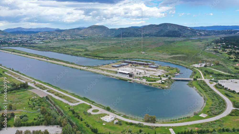 Aerial drone panoramic photo of famous Athens rowing centre in the heart of Marathon, Schinias, Attica, Greece