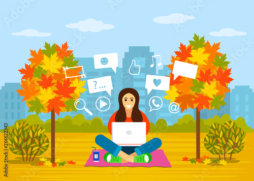 A beautiful young girl is sitting in a park in autumn with a laptop for searching information on the Internet. concept of modern man and communication, learning online. vector illustration