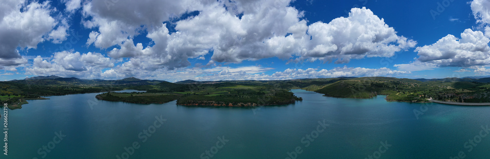 Aerial drone panoramic view of famous dam and lake of Marathon with beautiful clouds, North Attica, Greece Aerial drone panoramic view of famous dam and lake of Marathon with beautiful clouds, North Attica, Greece