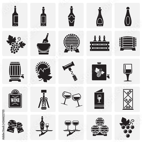 Wine related icons set on squares background for graphic and web design. Simple vector sign. Internet concept symbol for website button or mobile app.