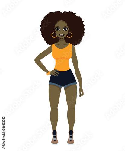 attractive african american girl in short pants afro hairstyle 