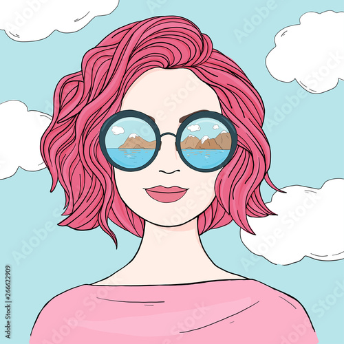 Fashionable woman with pink hair in mirrored sunglasses. Hand-drawn.