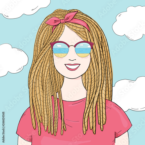 Fashionable woman with dreadlocks and mirrored glasses. Hand-drawn.