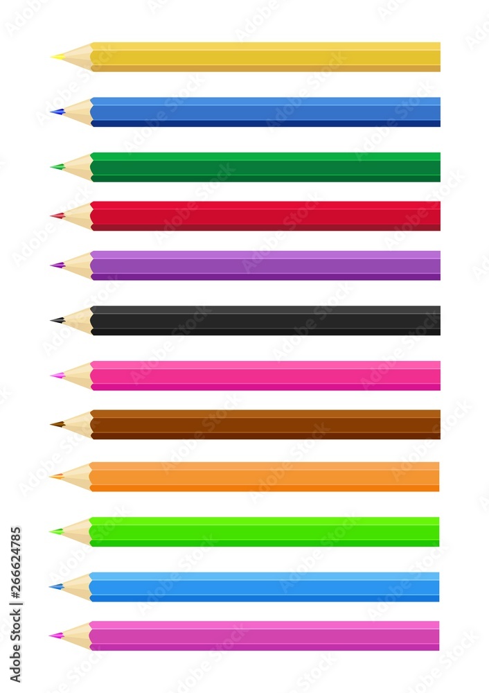 Fototapeta premium Set of twelve colored pencils red yellow blue green black purple orange blue. White background. Vector