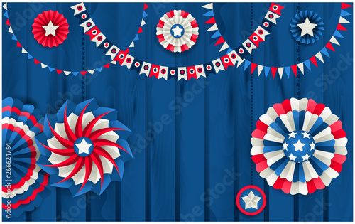 Patriotic template with paper pinwheels hanging on wooden fence photo